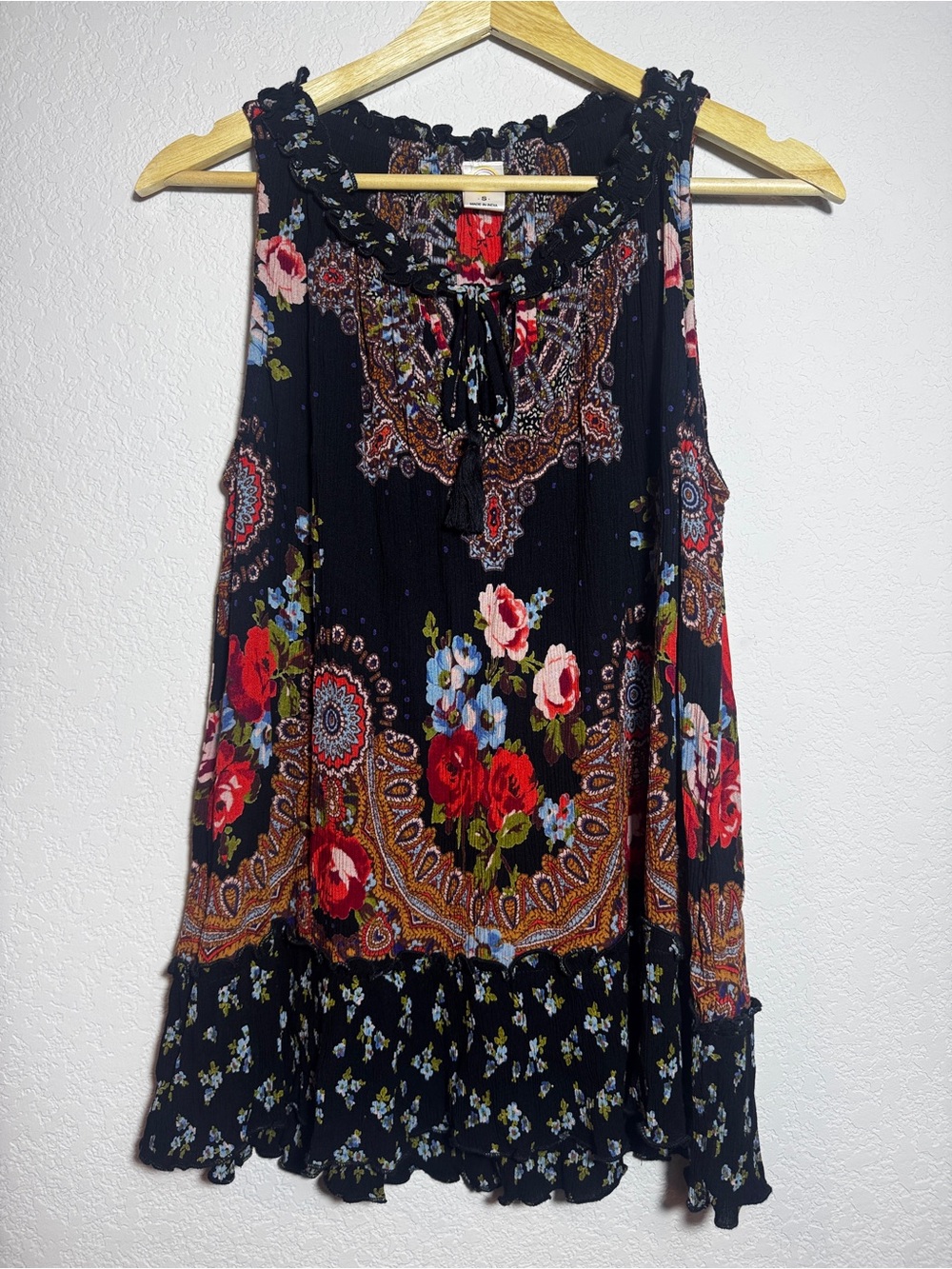 Bila Tunic Top Womens S Black Floral Paisley Boho Ruffle Tassel Sleeveless